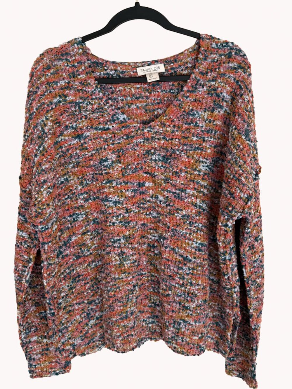 Rachel Zoe Popcorn Knit V-Neck Sweater XL Multicolor Cozy Fall Pullover